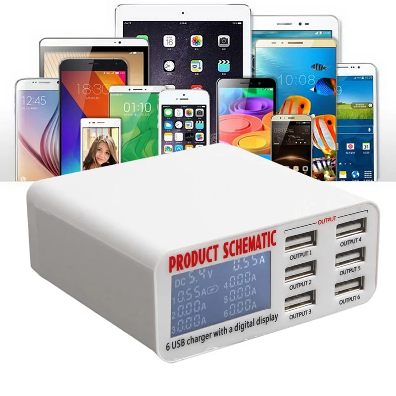 

OOTDTY AU/EU/US/UK Plug 6A 6 USB Port Fast Charger Wall Sharable Charging Adapter LCD Screen For iPhone SAMSUNG for iPad Tablet