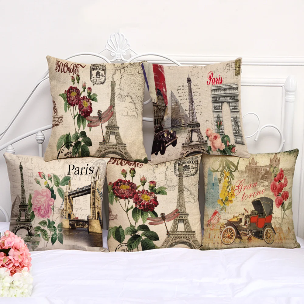 

Декоративная Подушка Чехол Винтаж Эйфелева башня наволочка с цветочными узорами чехол 17,5 дюймов хлопок из льна для стула сиденье подушка к...