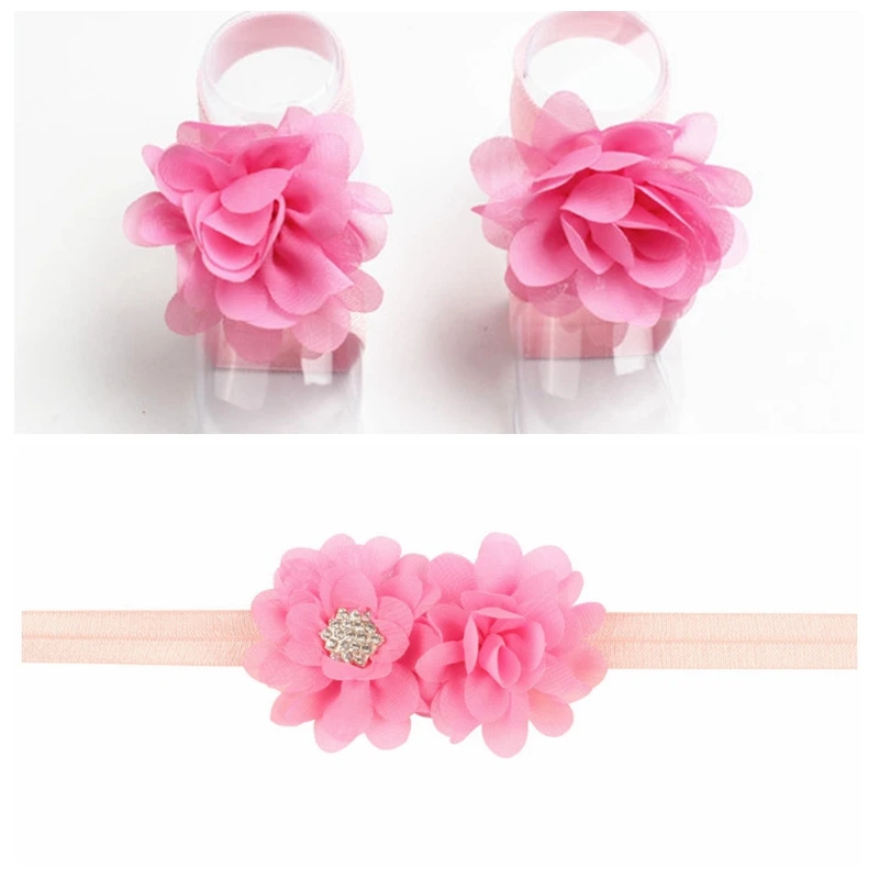 WFblock baby Girls Hair Accessories Kawaii Hairbands 2 Pcs Kids Elastic Chiffon Floral Headband Foot Strap Set Take Photo | Детская