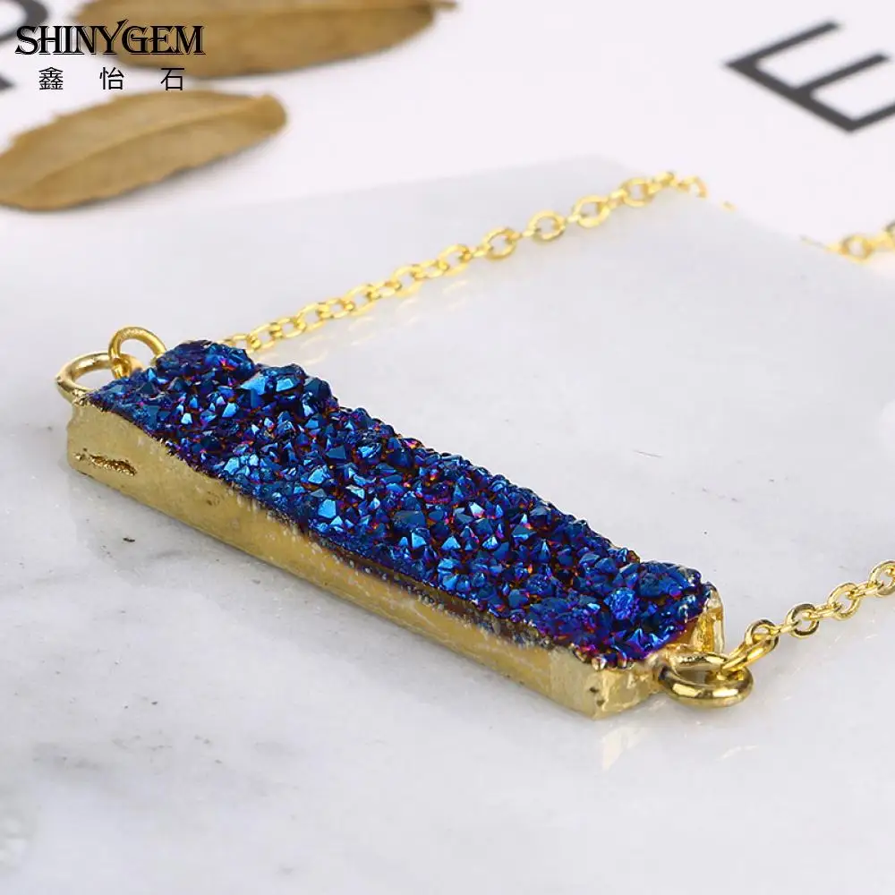 ShinyGem Charm 10*40 мм золотое покрытие прямоугольник натуральный кристалл Druzy Кулон