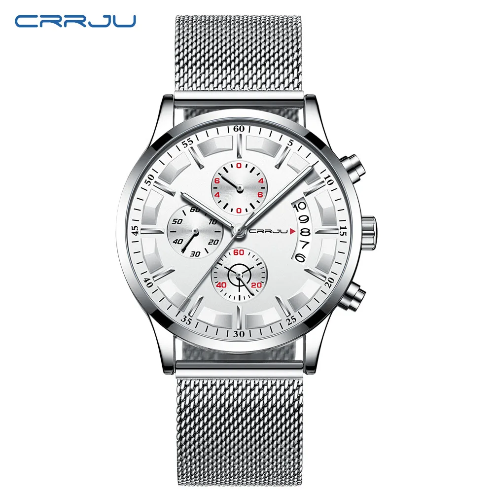 M silver white Мужские часы CRRJU Топ бренд водонепроницаемые спортивные часы с хронографом мужские повседневные кварцевые часы из нержавеющей стали Relogio Masculino - Цвет: M silver white