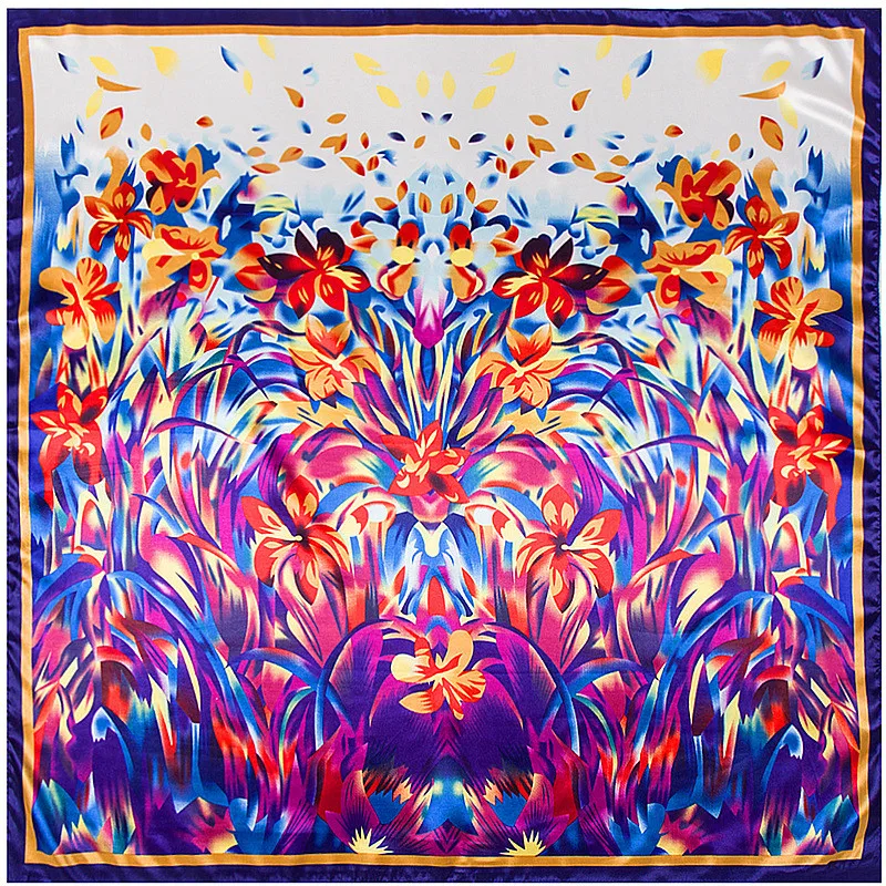 Роскошный шелковый шарф для женщин 90x90 см, большой квадратный мусульманский тюрбан, новый осенне-зимний теплый пашмия с классическим лавандовым масляным рисунком.