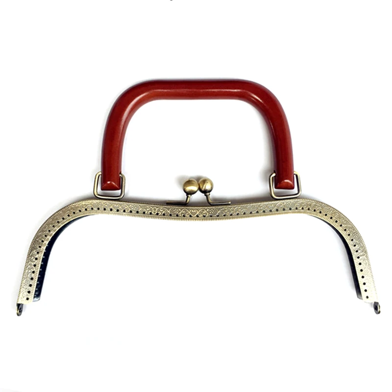 

1Pc Coffee Wood Handle Bronze Tone Metal Frame Clutch Purse Kiss Clasp Lock Handbag Handle Accessories 27cm