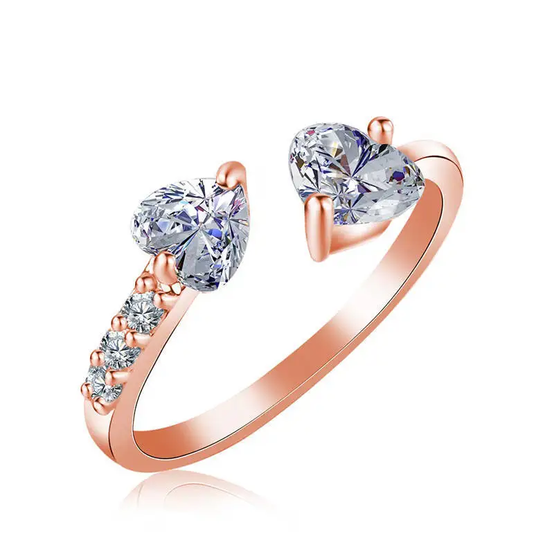Double Heart Clear Crystal Opening RING for Women Females Ladies Party Engagement Wedding Daily Gold Color Jewelry Accessory | Украшения и