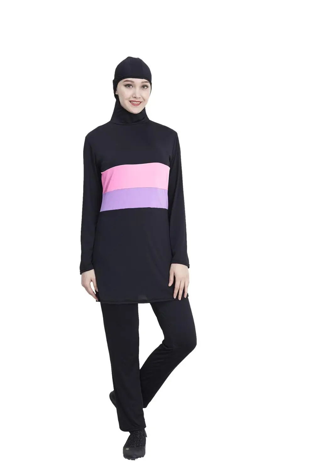 

2019 Women Long Sleeve Muslim Swimwear Contrast Color Hooded Hijab Arabic Islamic Swim Surf Wear Burkinis Bathing Suit Plus Size