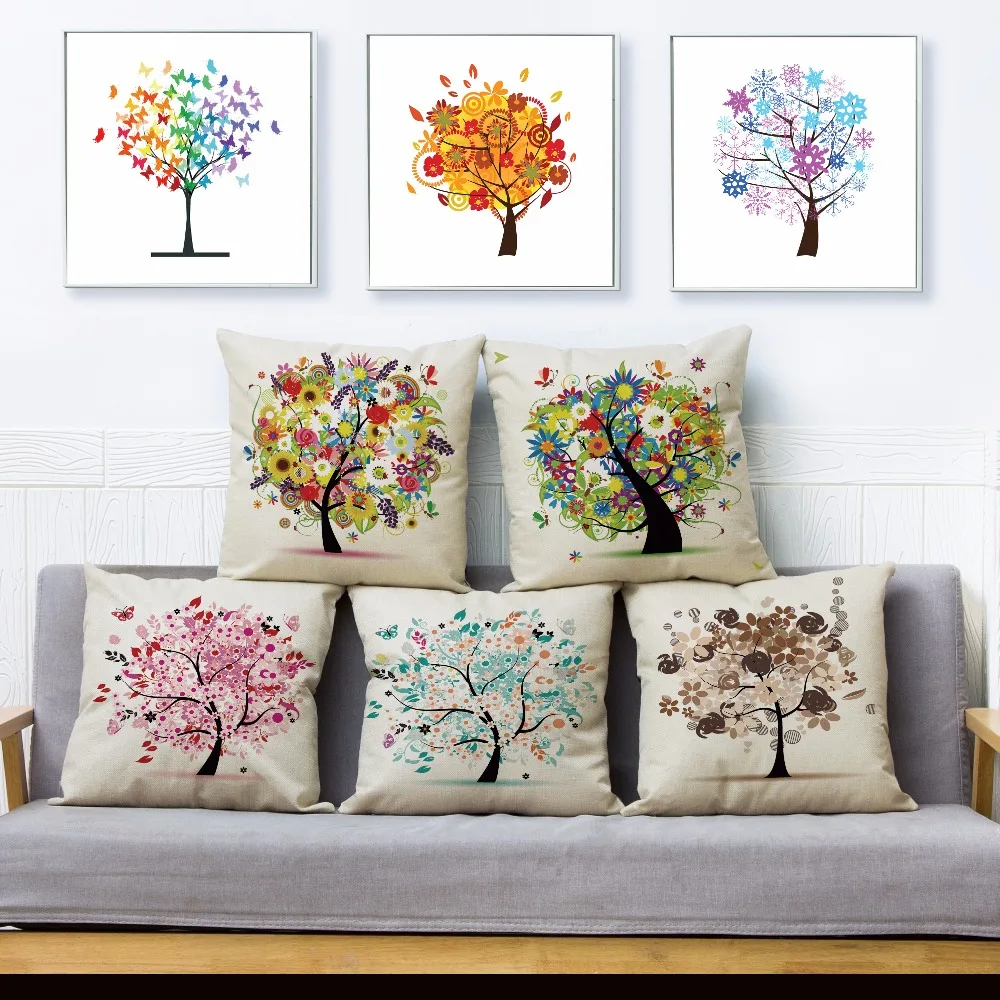 

Colorful Life Tree Print Throw Pillow Cover 45*45cm Square Cushion Covers Linen Pillows Cases Car Sofa Home Decor Pillow Case