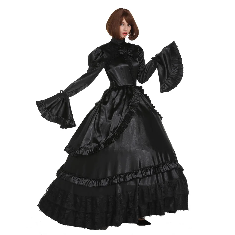 Черное атласное платье для косплея в готическом стиле с большим рукавом