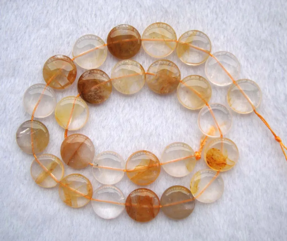 Натуральная желтая кварцевая плоская монета/круглая beads15mm15 5 &quotдля