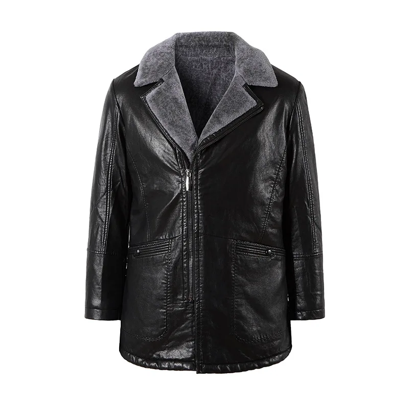 

Мужское зимнее пальто средней длины из искусственной кожи с отворотом