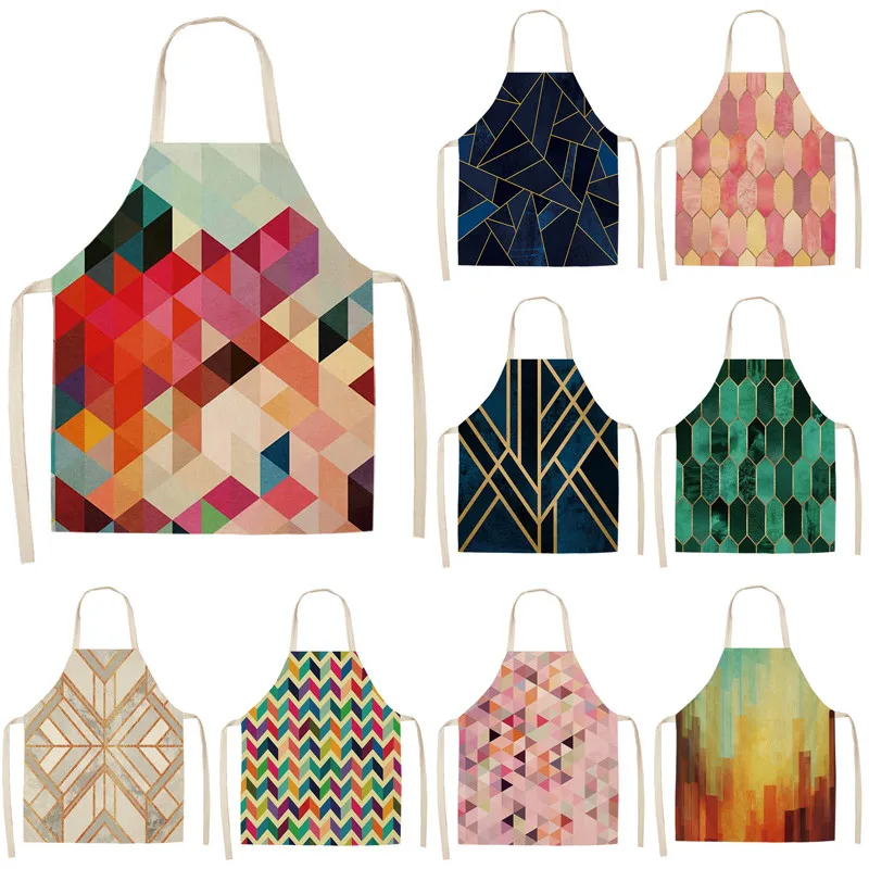 1Pcs Geometric Printed Kitchen Aprons for Woman and Man Home Cooking Baking Shop Cleaning Cotton Linen Apron 53*65cm G1014 | Дом и сад