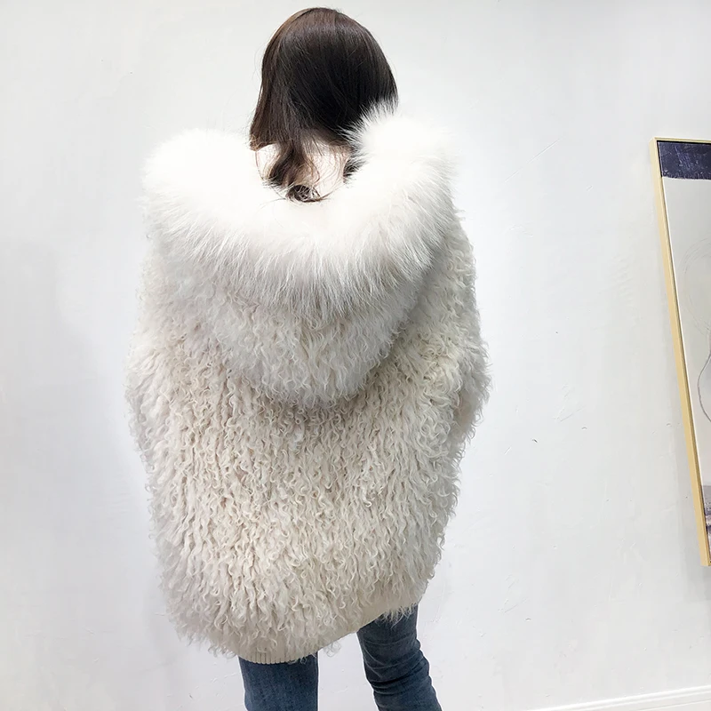 Sheep curls woven fur coat female fox fur collar hooded lamb fur coat long coat 2020 new winter