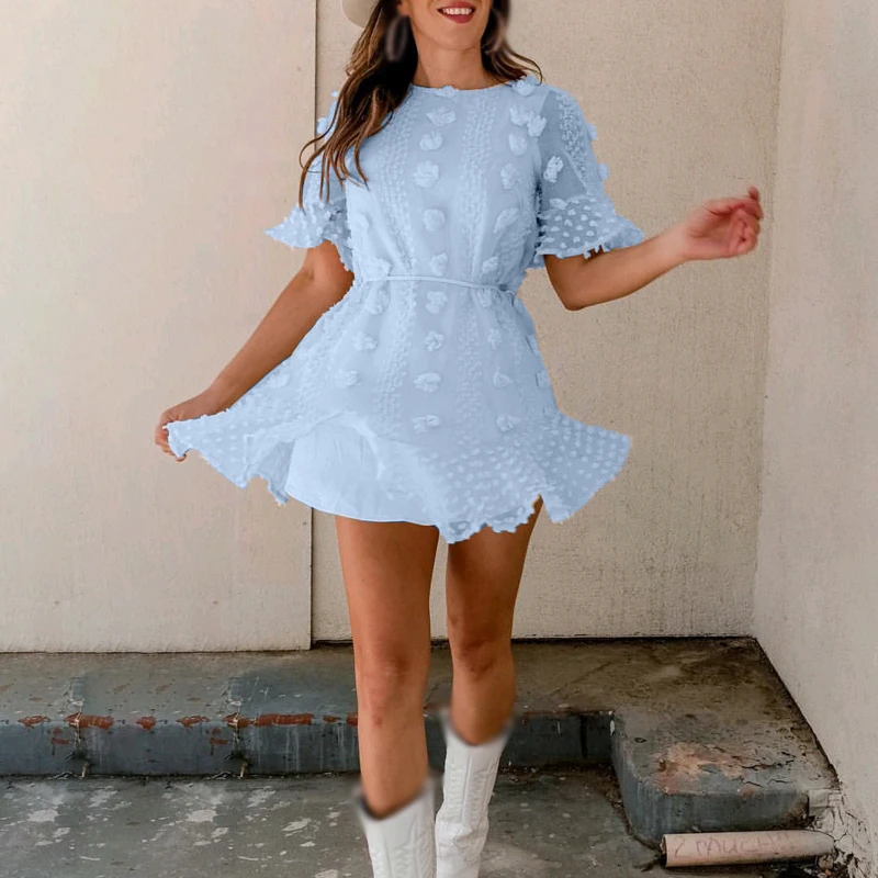 Ruffled Mini Dress Summer Women's Round Neck Short Sleeve Embossed Holiday Beach | Женская одежда