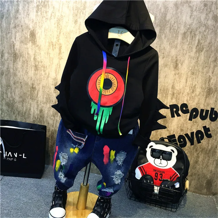 Fashion Autumn Baby Boys Hip-hop Dance Clothing Hoodies Printed T Shirt+Paint Point Graffiti Jeans Suits Toddlers Sport | Детская одежда