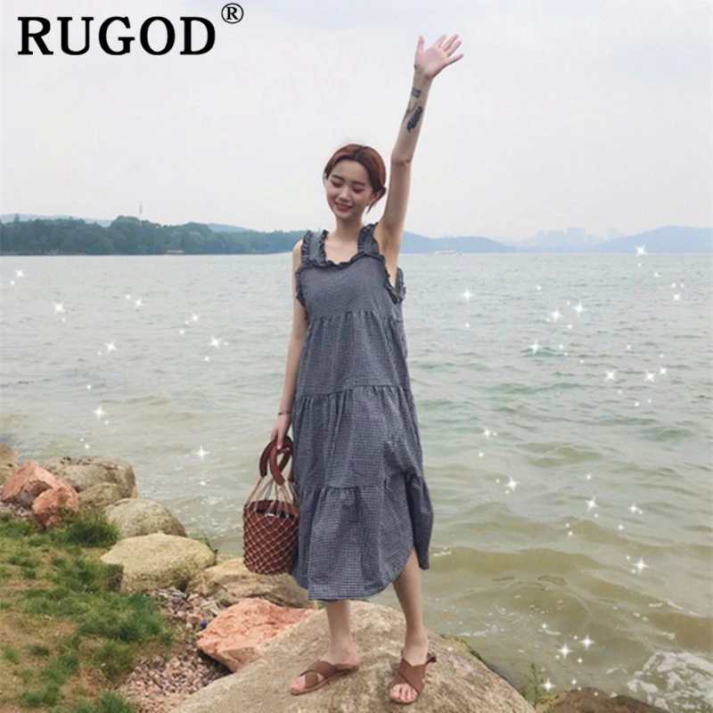 RUGOD 2019 клетчатое свободное женское платье на бретелях летняя с высокой талией