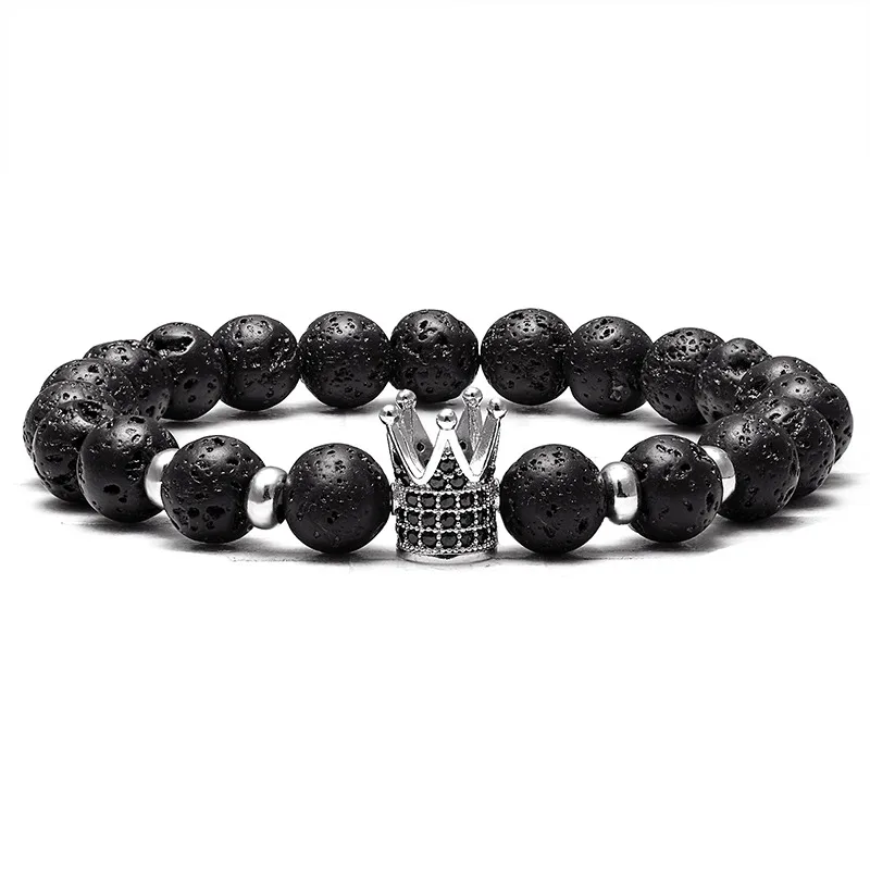 

LIVVY New Fashion CZ Crown Beaded Bracelet Simple Classic Lava Stone Beads Lucky Lady Men's Bracelet & Bracelet Accessories Gift