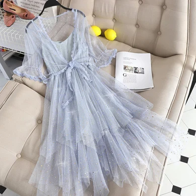 two piece set Длинное блестящее платье, Сетчатое платье с пайетками, Женский ассиметричный сексуальный комплект из двух предметов, летние вечерние платья для женщин, туника в горошек - Color: two piece set