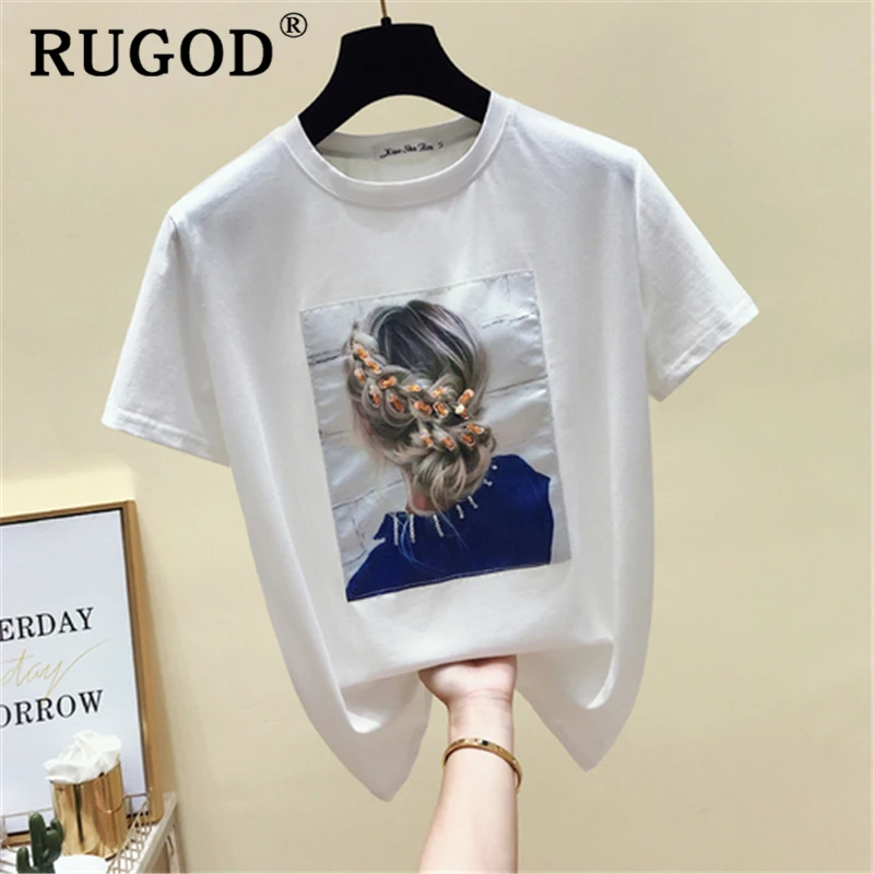 Женская футболка с принтом RUGOD белая свободная круглым вырезом в Корейском стиле