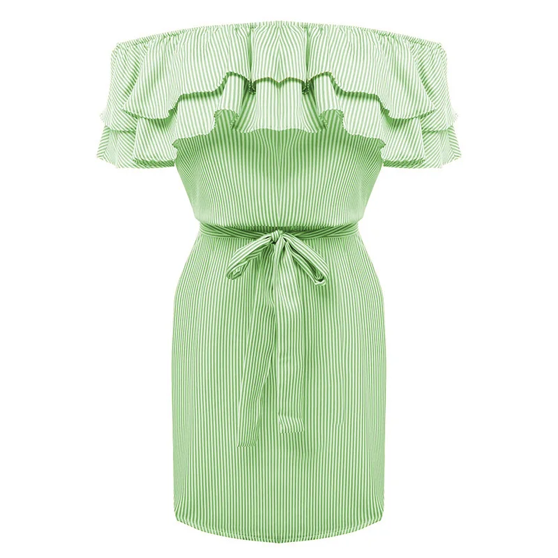 2017 женское платье в полоску с оборками и вырезом лодочкой летнее стильное