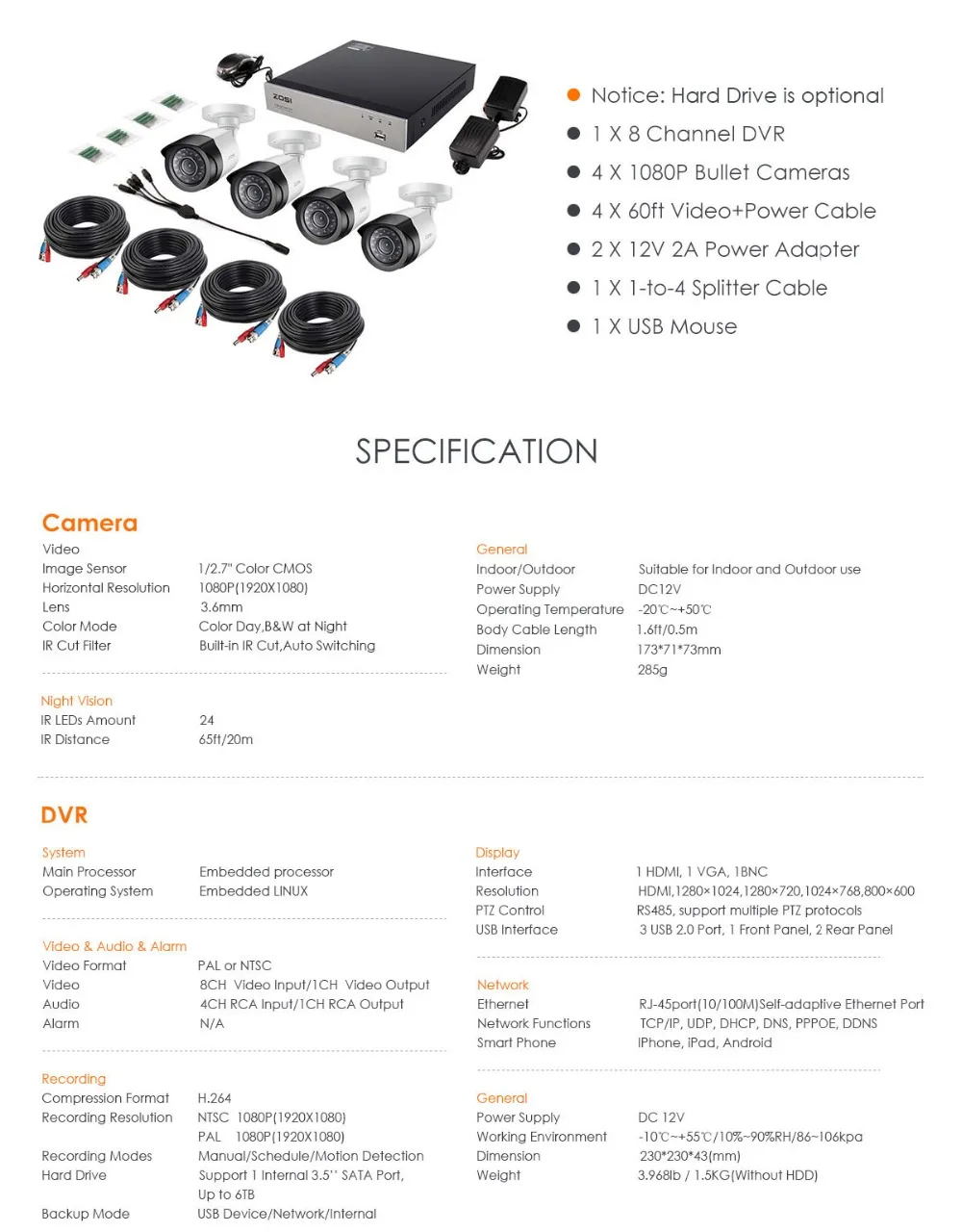ZOSI 8CH 1080P TVI DVR 2.0MP 1080P CCTV камера P2P домашняя уличная камера безопасности Система видеонаблюдения CCTV комплекты