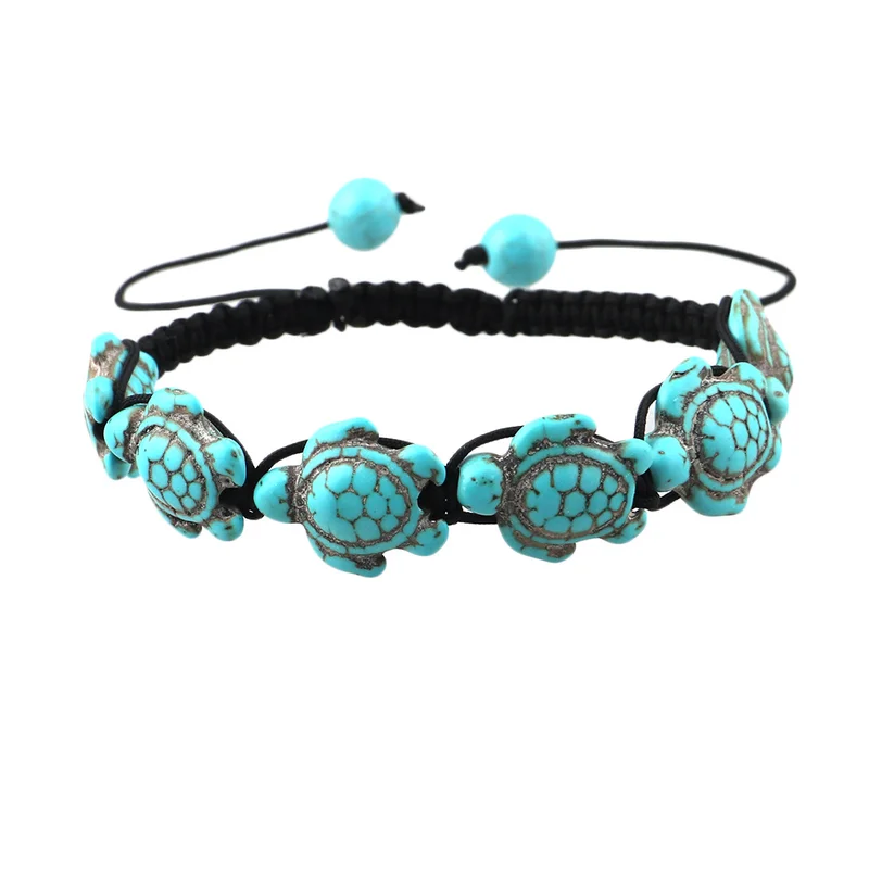 Natural Stone Turtle Charm Bracelet Handmade Weaving Bohemia Style Lace-up Adjustable Animal Bracelets For Women | Украшения и