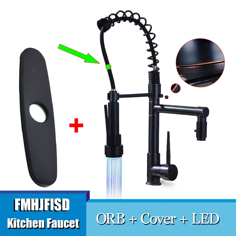 ORB Plate LED FMHJFISD Матовый никель/хром кухонный кран двойной опрыскиватель сосуд Раковина Смеситель кран на бортике одно отверстие кран - Цвет: ORB Plate LED