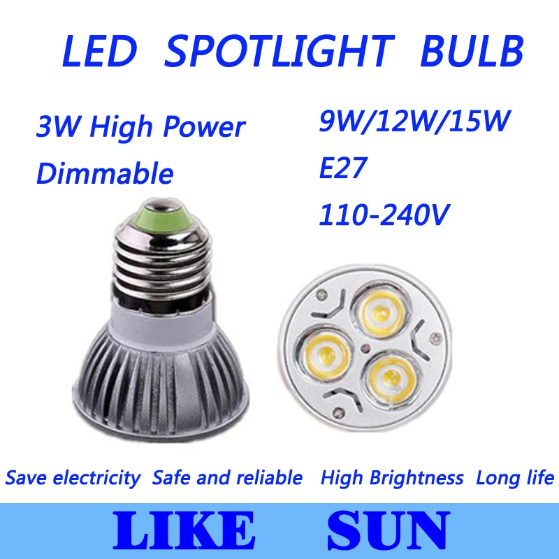 

Retail Free shipping High power CREE Led Lamp Dimmable E27 9W 12W 15W 85-265V Spotlight led bulb downlight lighting