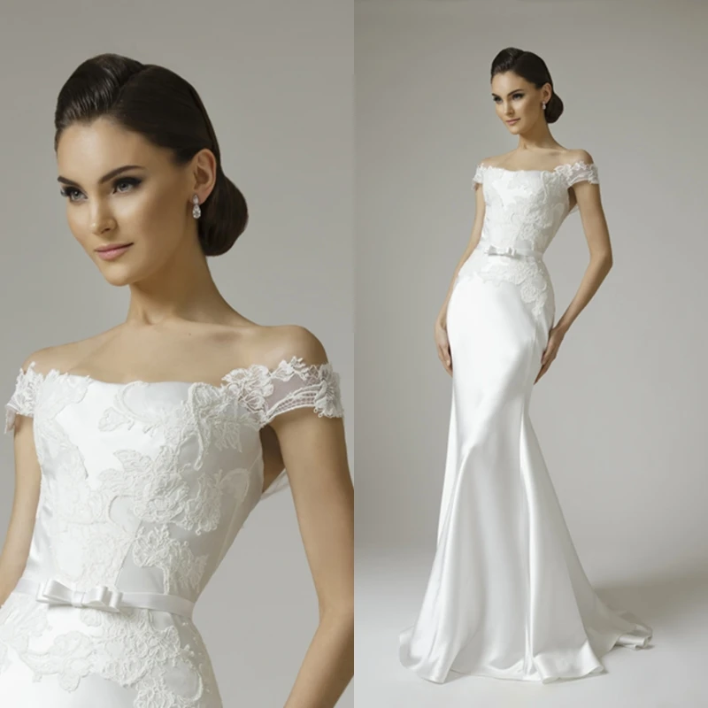 Русалка Бато Cap Рукава Аппликации Белый Атласные Кружева Свадебные Платья 2015 Sexy