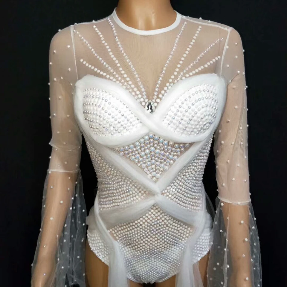 White Mesh Pearls Bodysuit Women Dance Costumes Birthday Bar Nightclub Party Jumpsuit Female Singer Performance Stage Outfits