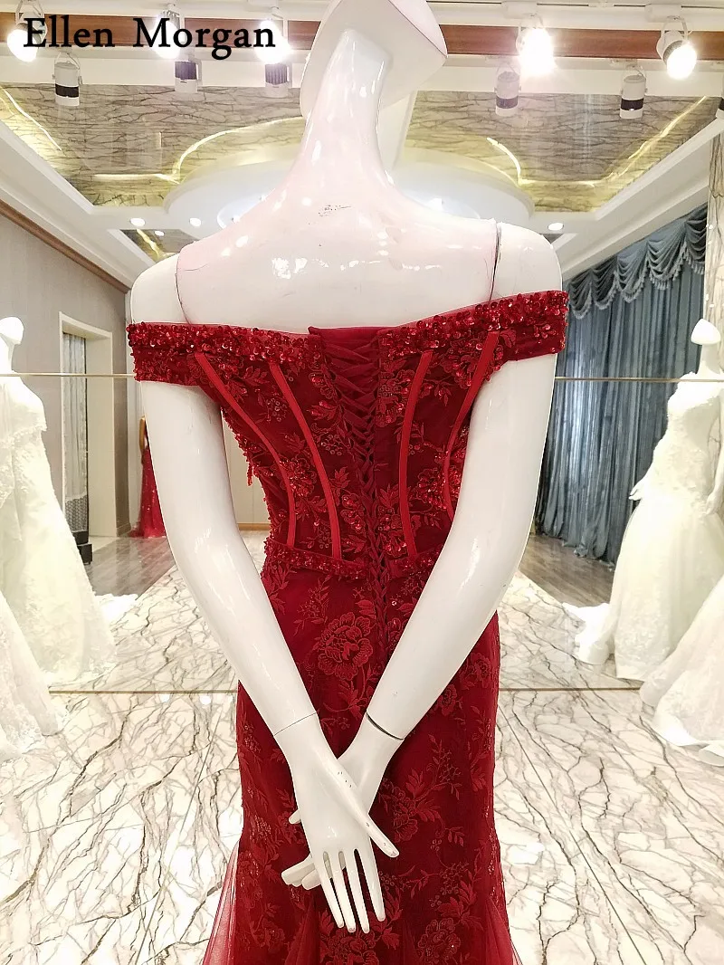 Бордовое платье с тесьмой Русалка Вечерние платья 2019 открытыми плечами длинные