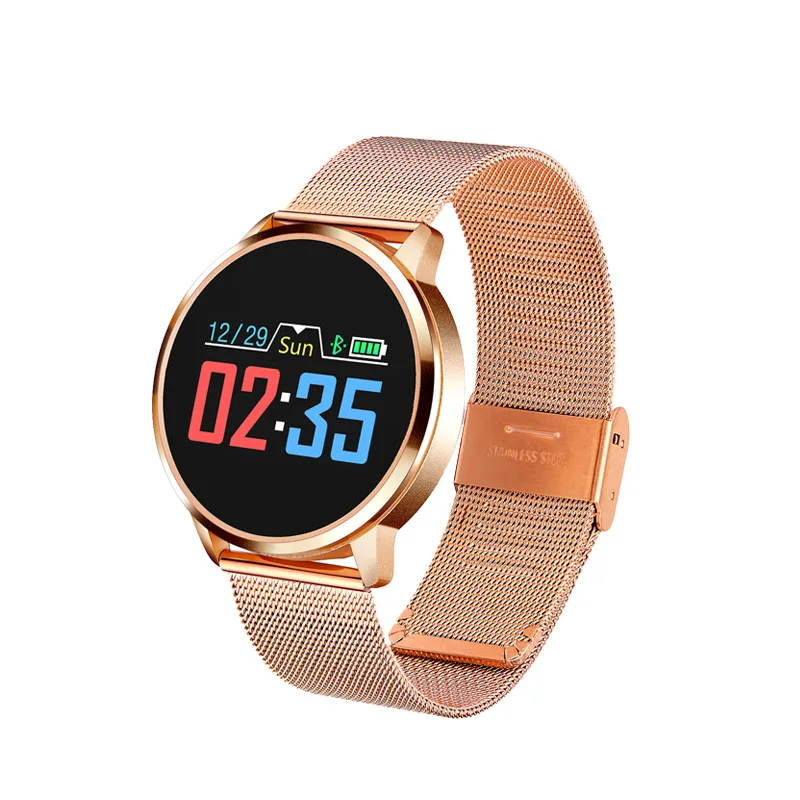 steel strap gold Смарт-часы Ravi Q8 для мужчин и женщин с измерением артериального давления для мужчин с монитором сердечного ритма, шагомером, контролем сна, умные часы - Цвет: steel strap gold