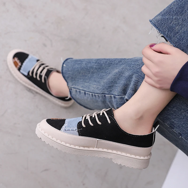 

2019 Spring New Fashion Women Casual Shoes Handmade Cross-tied Flats Lace-up Round Toe Ladies Autumn Shoes Woman Sneakers