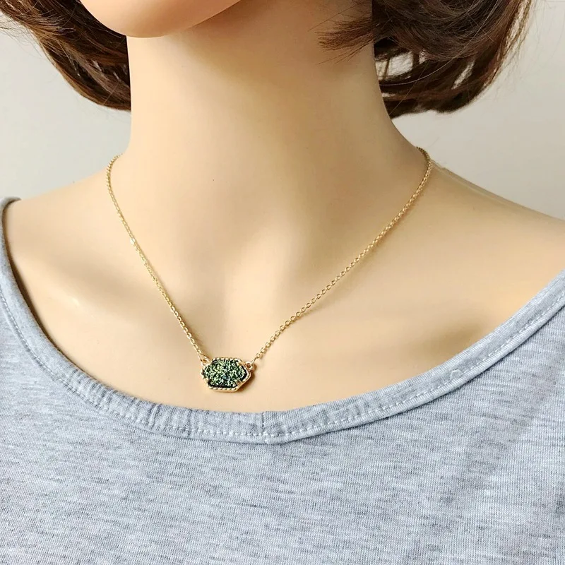 10 цветов Золотой Druzy Кулон из друзы ожерелья шестиугольник Акриловая Смола Воротник модный бренд женские ювелирные изделия вечерние свадебные подарки для свиданий