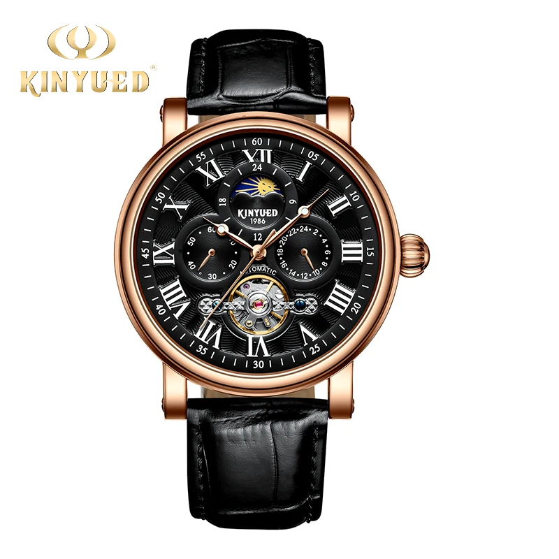 Спортивные механические часы KINYUED Moon Phase Мужские автоматические скелетоны с