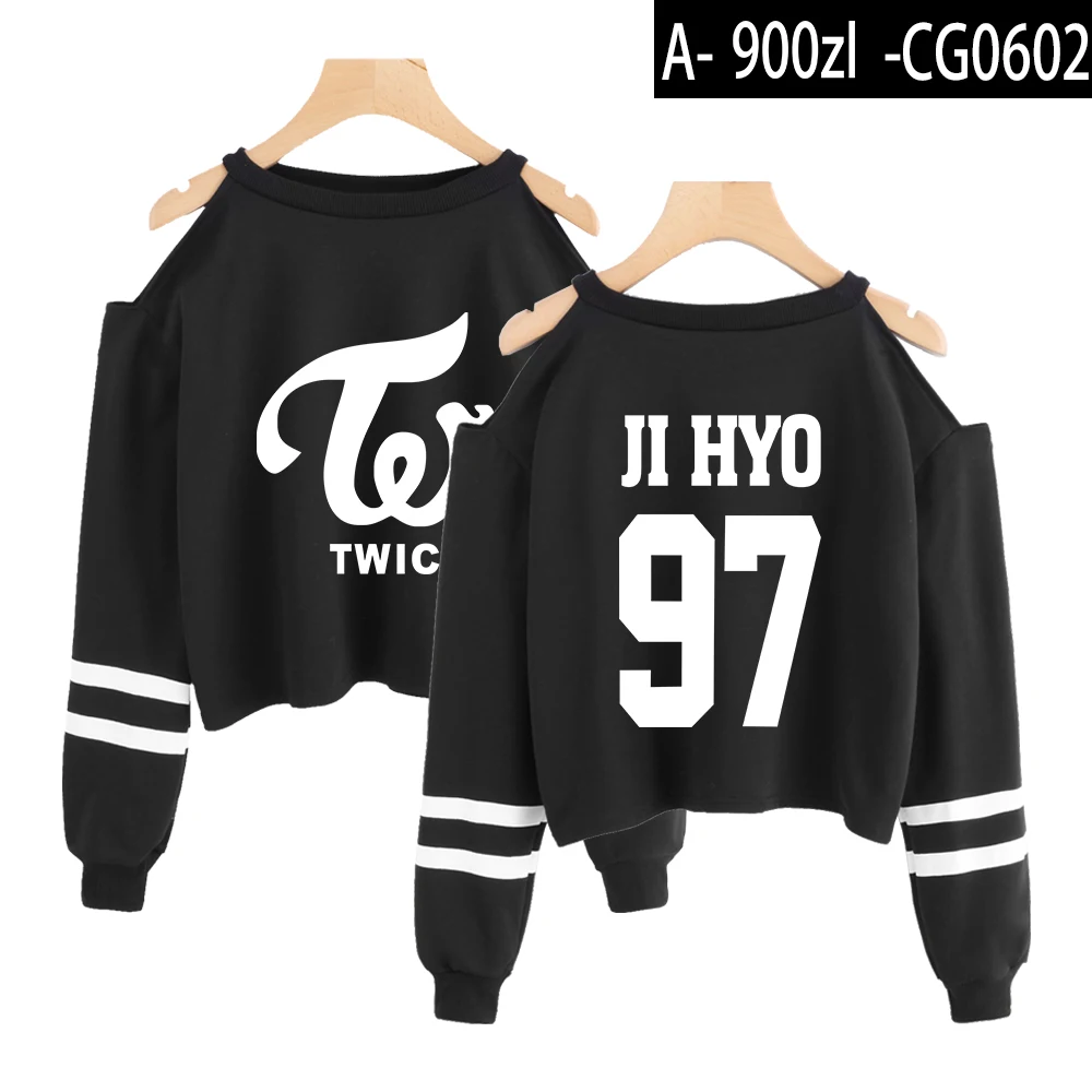 Twice Kpop модная укороченная Женская толстовка с открытыми плечами и длинным рукавом горячая распродажа Повседневная модная уличная одежда - Цвет: black