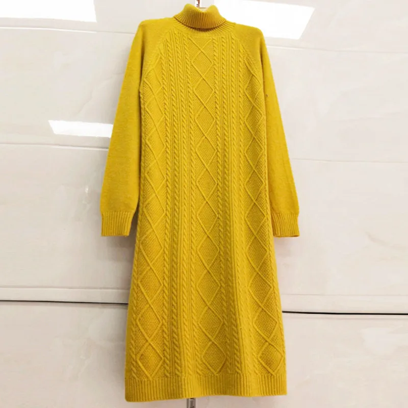 

Autumn Winter Solid Knitted Turtleneck Sweater Dresses Women Fashion Loose Pullover Female Knitted Dress Vestidos Feminino L44