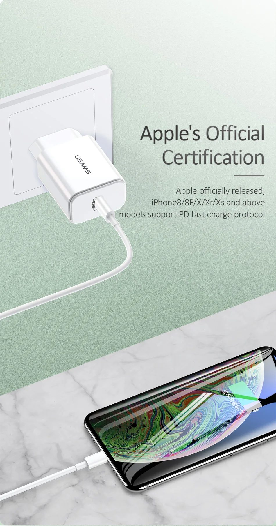 USAMS 18 Вт PD быстрое зарядное устройство USB зарядное устройство PD 3,0 usb type C адаптер для iPhone 8 X XS EU вилка Дорожное настенное зарядное устройство для мобильных телефонов