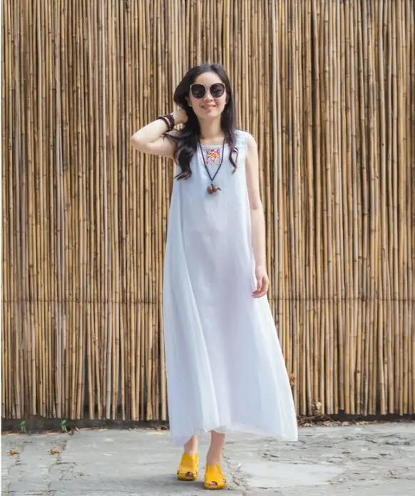 Elegant Temperament Women Long Dress 2022 New Summer Silk Exquisite Embroidered Simple Round Collar chiffon Loose Vest Dresses | Женская