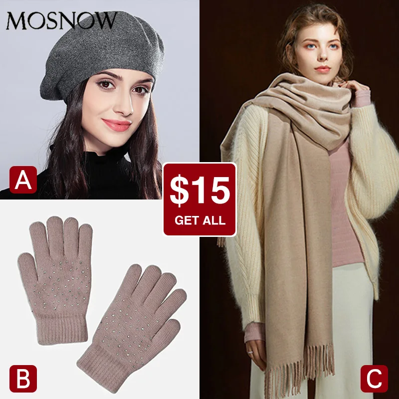 3 Pieces Hot Sale Scarf And Hats For Female And Gloves For Winter Woman Fashion Accessory