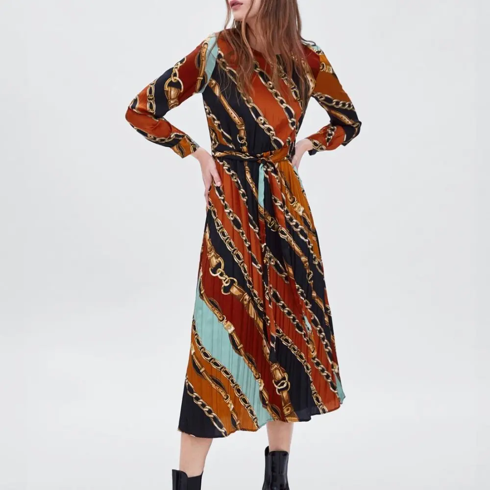 2018 za зимнее женское платье с принтом цепи платья шарфа vestidos длинное воротником