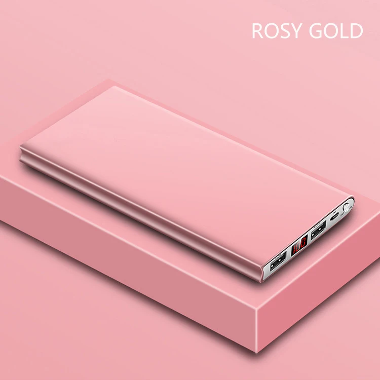 Rosy Gold 20000 мАч ультра тонкий светодиодный внешний аккумулятор с дисплеем, портативный внешний аккумулятор для телефона, двойной USB выход, внешний аккумулятор для мобильного телефона - Цвет: Rosy Gold