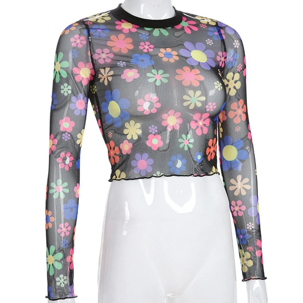 2019 Sexy Flower Print Mesh T Shirt Women Casual Long Sleeve Black Sheer Crop Tops Femme Party Club Transparent Bodycon Tees | Женская