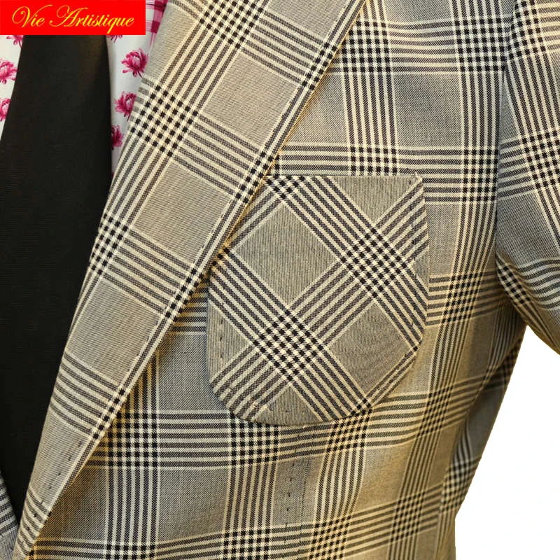 custom tailor made suits 3 pieces jacket pant vest wool Men's groom tuxedos slim fit wedding grey whales lattice plaid casual