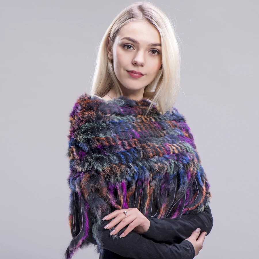 FXFURS новый стиль настоящая вязаная кроличья шаль натуральный кроличий мех пончо