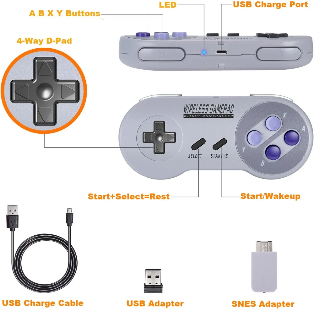 YTTL 2 4 ГГц беспроводной контроллер SNES мини джойстик с ретро usb приемником для Super