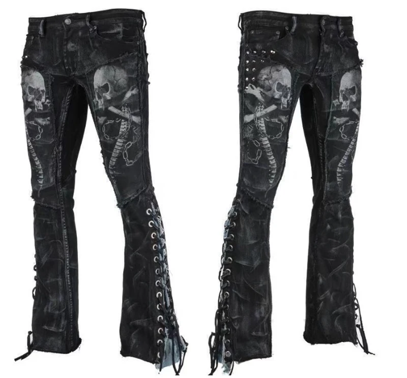 Men denim black Jeans Slim ripped hole Fashion Hip hop Skinny pencil For high street wear stretch skull jeans | Мужская одежда