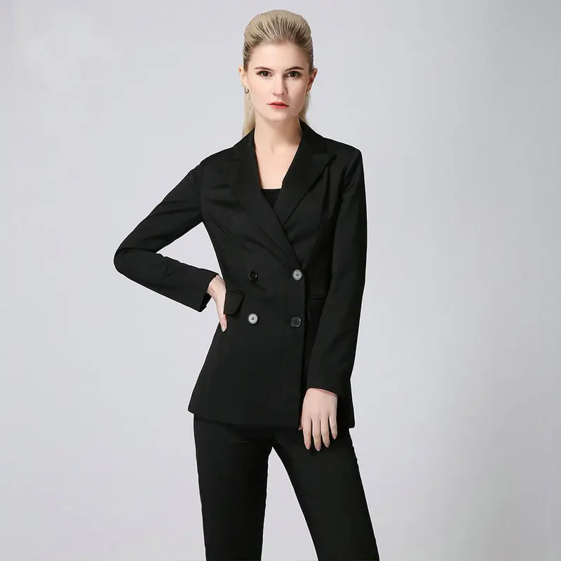 Женский деловой костюм из двух предметов черная куртка и брюки офисная униформа