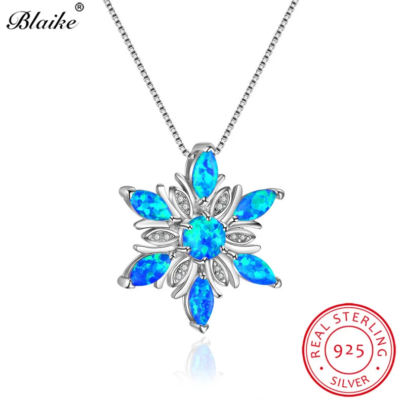 Blaike 925 пробы серебряные подвески со снежинками для женщин розовый/синий/белый огненный опал Ожерелья Радужный камень чокер в подарок - Цвет камня: Blue Opal Necklace