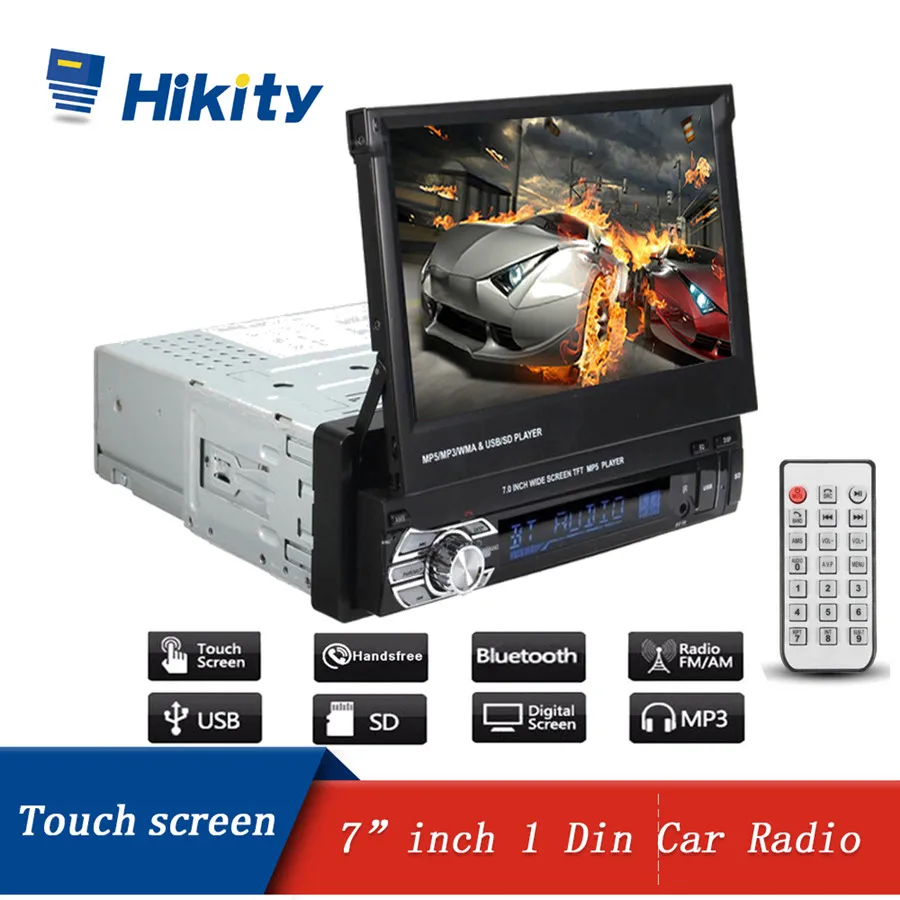 

Hikity 1 din Car Radio 7" 1din HD Autoradio Multimedia Player Bluetooth FM USB AUX SD Retractable Touch Screen MP5 Stereo Audio