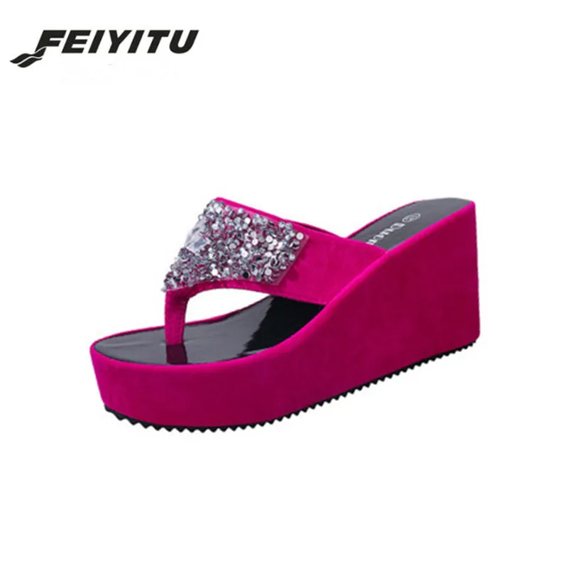 FeiYiTu/2018 Летние вьетнамки Шлепанцы на платформе с искусственными кристаллами