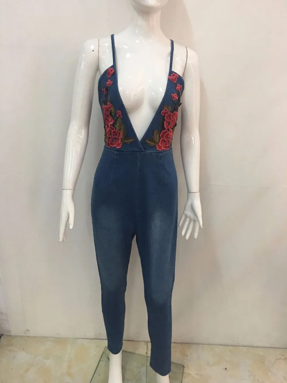 Пикантные женские джинсовые без рукавов с v-образным вырезом Slim Fit Клубная одежда